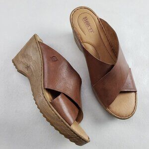 Born Nora Platform Wedge Sandal Womens 9 Brown Leather Open Toe Strappy Slip On